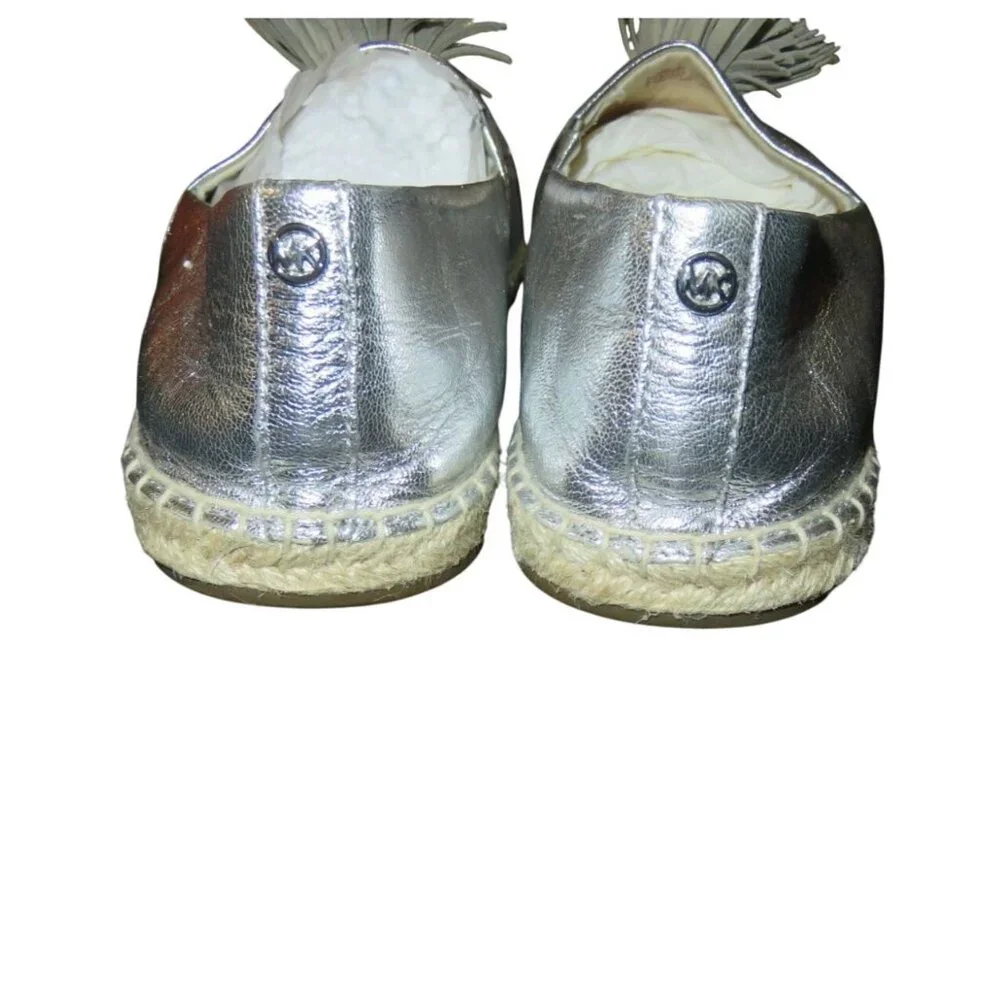 Michael Kors Lolita Silver Metallic Leather Pom Pom Espadrilles size 9.5 Slip On